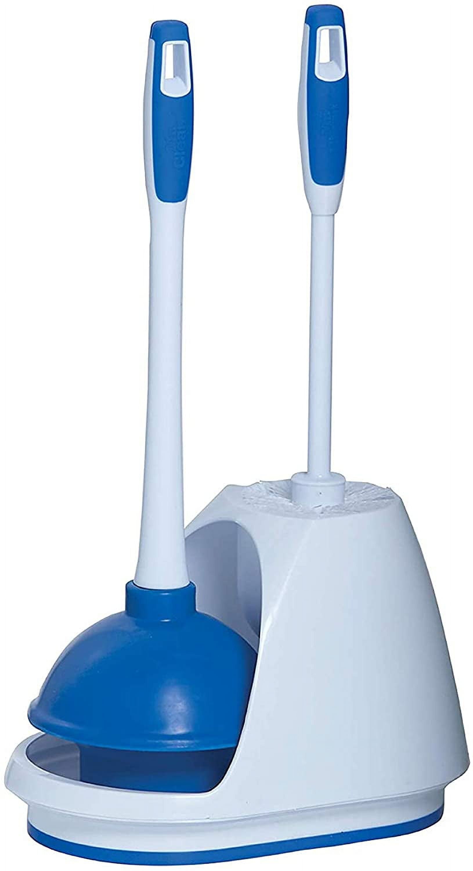 Toilet Plunger and Bowl Brush Combo with Caddy, 3-Piece Heavy-Duty Plunger, Toilet Brush, and Caddy Set, White/Blue