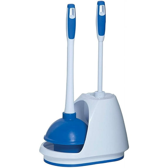 Toilet Plunger and Bowl Brush Combo with Caddy, 3-Piece Heavy-Duty Plunger, Toilet Brush, and Caddy Set, White/Blue