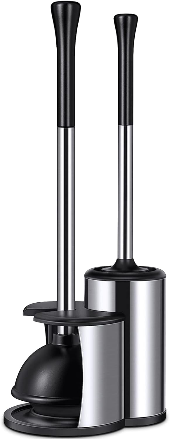 Toilet Plunger and Bowl Brush Set with Covered Stainless Steel Caddy Holder