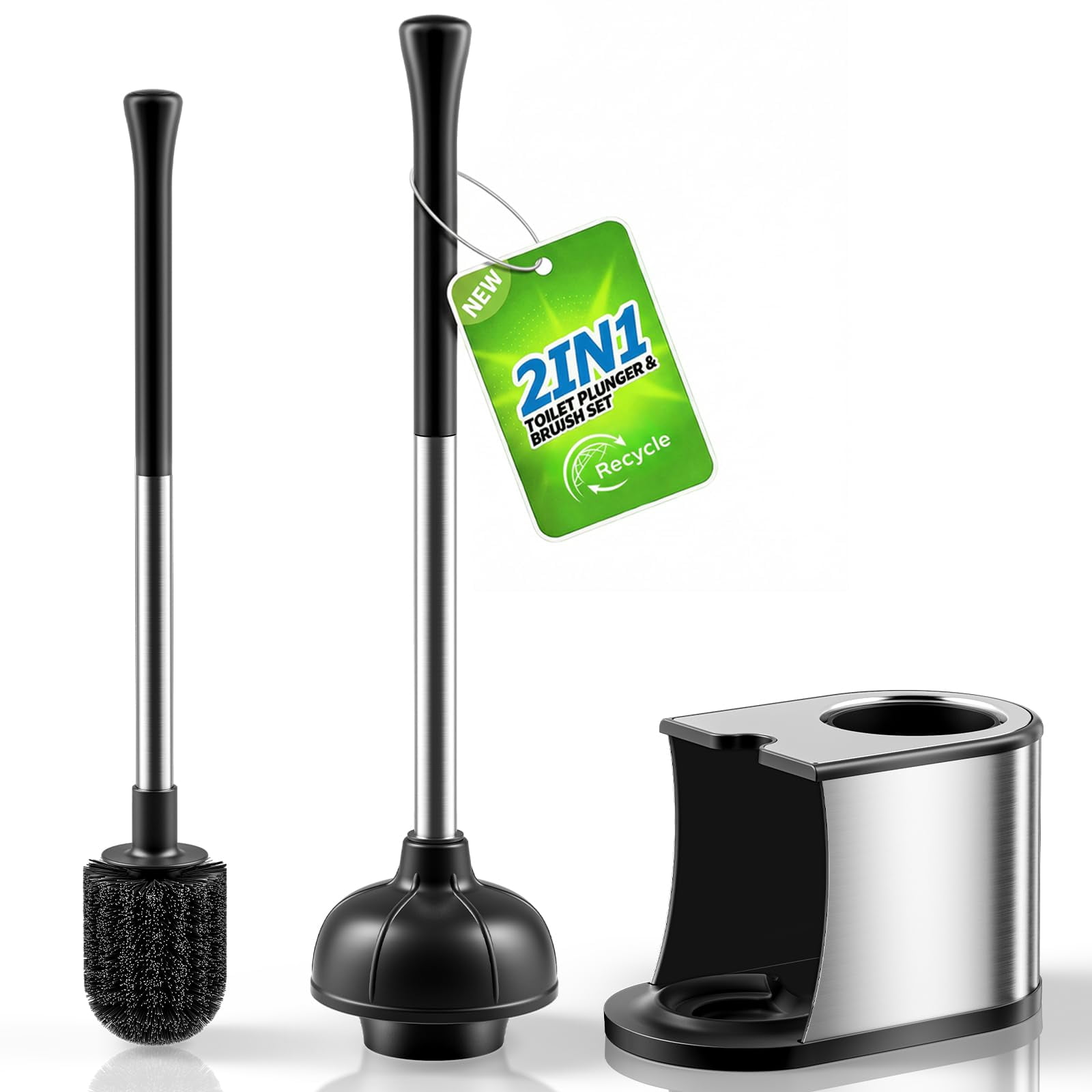 Toilet Plunger and Brush Set, Modern, Stainless Steel, Bathroom Cleaning