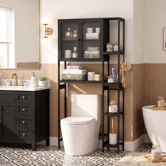 Bamboo Over the Toilet Storage Cabinet, 4-Tier Freestanding Bathroom Organizer with 2 Acrylic Doors, Toilet Paper Holder Hooks & Adjustable Shelves, Black