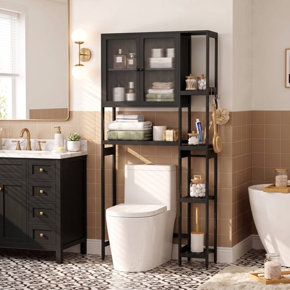 Bamboo Over the Toilet Storage Cabinet, 4-Tier Freestanding Bathroom Organizer with 2 Acrylic Doors, Toilet Paper Holder Hooks & Adjustable Shelves, Black