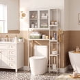 thumbnail image 1 of Bamboo Over the Toilet Storage Cabinet, 4-Tier Freestanding Bathroom Organizer with 2 Acrylic Doors, Toilet Paper Holder Hooks & Adjustable Shelves, White, 1 of 10