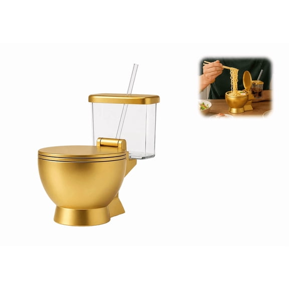 Toilet Ramen Bowl with Built-in Drink Cup & Straw,Novelty Toilet Shaped Ramen Bowl Set,Toilet Ramen Bowl,Fun Gold Ceramic Noodle Bowl for Instant Noodles,Ramen, Soup,Unique Gag Gift for Food Lovers