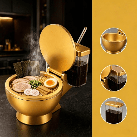 Toilet Ramen Bowl, Novelty Toilet Shaped Ramen Bowl Set with Built-in Drink Cup & Straw, Cups with Bowls Attached for Instant Noodles, Ramen, Unique Gag Gift for Food Lovers