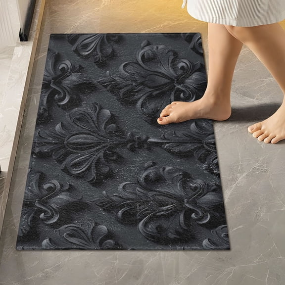 Toilet Rug Rectangle Bathroom Rugs Non-Slip Soft Plush Machine Washable Contour Bath Mat 3d Dark Black Damask 24x16