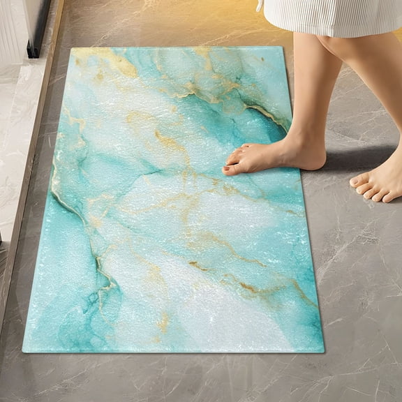 Toilet Rug Rectangle Bathroom Rugs Non-Slip Soft Plush Machine Washable Contour Bath Mat Aqua White Marble 24x16