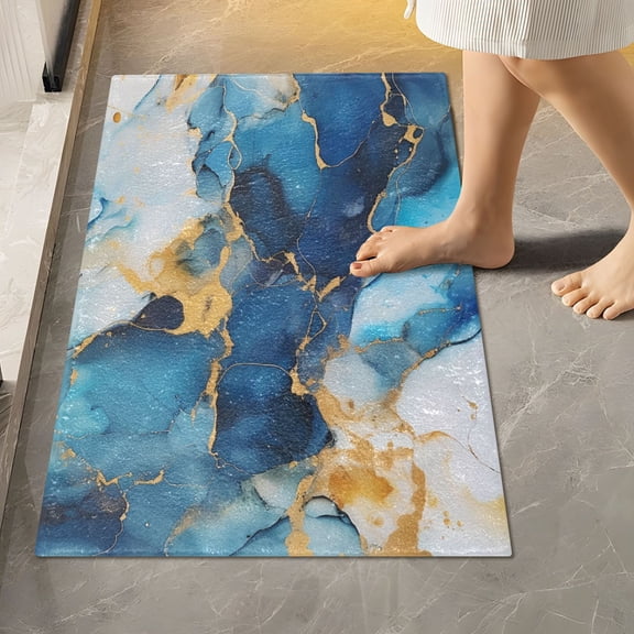 Toilet Rug Rectangle Bathroom Rugs Non-Slip Soft Plush Machine Washable Contour Bath Mat Azure Blue Gold Marble 24x16