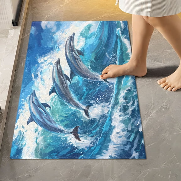 Toilet Rug Rectangle Bathroom Rugs Non-Slip Soft Plush Machine Washable Contour Bath Mat Beautiful Dolphins Jumped 24x16