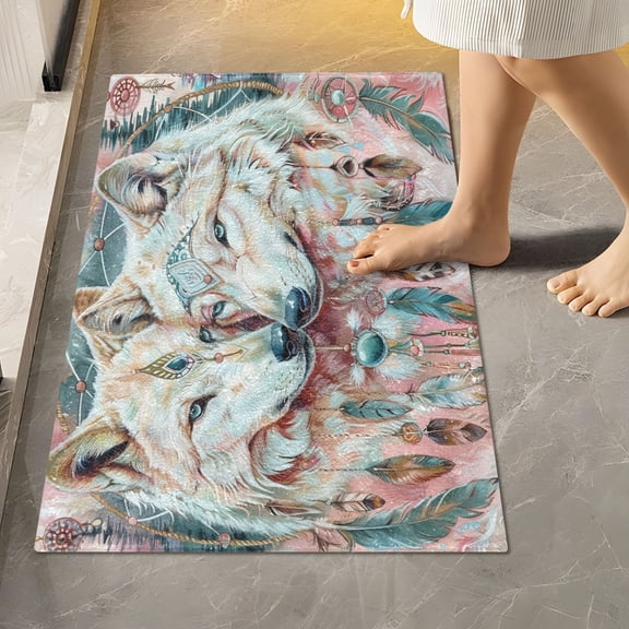 Toilet Rug Rectangle Bathroom Rugs Non-Slip Soft Plush Machine Washable Contour Bath Mat Beautiful Wolves with Feather 24x16