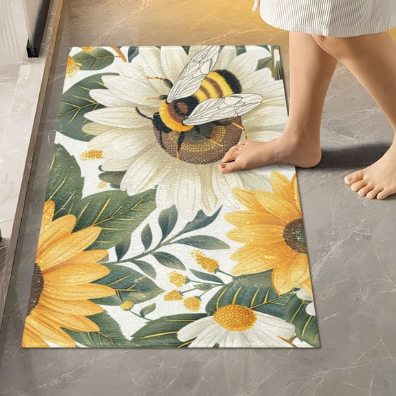 Toilet Rug Rectangle Bathroom Rugs Non-Slip Soft Plush Machine Washable Contour Bath Mat Bee and Sunflowers 24x16