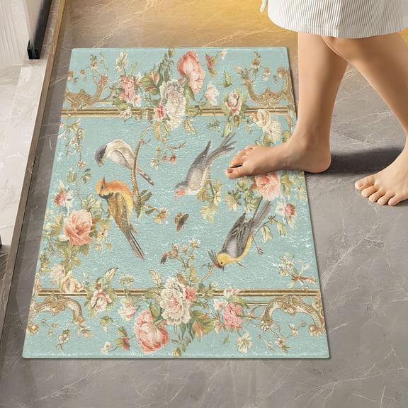 Toilet Rug Rectangle Bathroom Rugs Non-Slip Soft Plush Machine Washable Contour Bath Mat Birds Flowers Frame 24x16