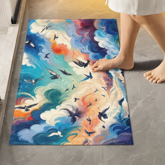 Toilet Rug Rectangle Bathroom Rugs Non-Slip Soft Plush Machine Washable Contour Bath Mat Birds Fly in Fantastic Sky 24x16