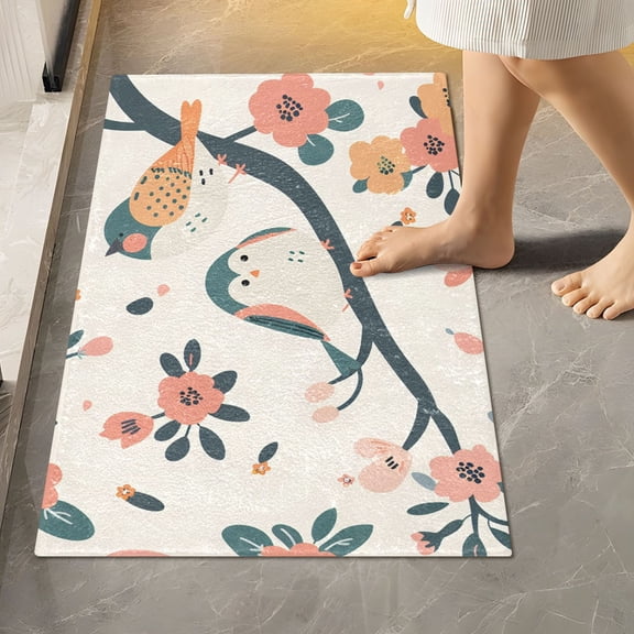 Toilet Rug Rectangle Bathroom Rugs Non-Slip Soft Plush Machine Washable Contour Bath Mat Birds on Branch with Flower 24x16