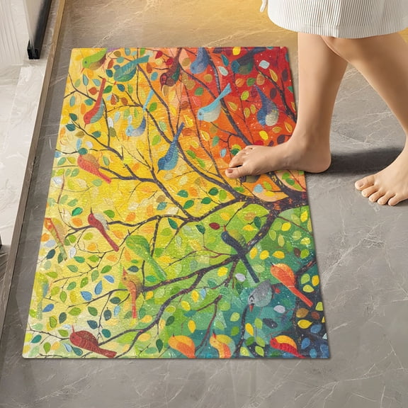 Toilet Rug Rectangle Bathroom Rugs Non-Slip Soft Plush Machine Washable Contour Bath Mat Birds on Branches with Colorful Leaves 24x16