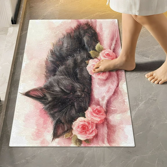Toilet Rug Rectangle Bathroom Rugs Non-Slip Soft Plush Machine Washable Contour Bath Mat Black Cat with Rose 24x16