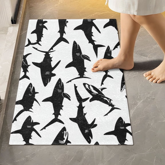 Toilet Rug Rectangle Bathroom Rugs Non-Slip Soft Plush Machine Washable Contour Bath Mat Black Shark Silhouettes 24x16