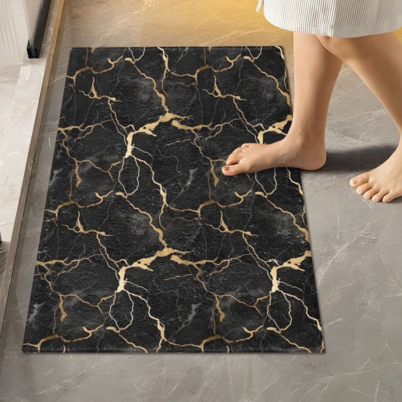 Toilet Rug Rectangle Bathroom Rugs Non-Slip Soft Plush Machine Washable Contour Bath Mat Black and Gold Marble 24x16