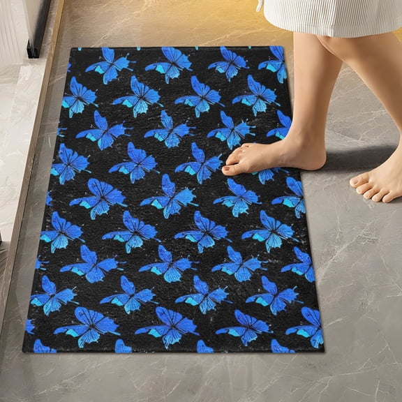 Toilet Rug Rectangle Bathroom Rugs Non-Slip Soft Plush Machine Washable Contour Bath Mat Blue Butterflies 24x16