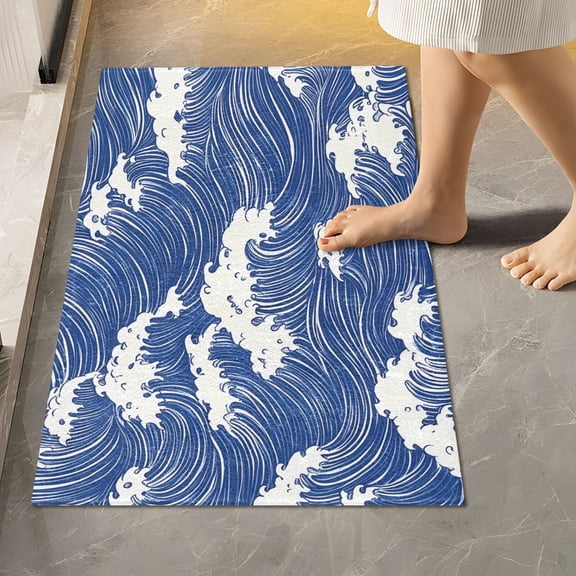 Toilet Rug Rectangle Bathroom Rugs Non-Slip Soft Plush Machine Washable Contour Bath Mat Blue White Wave 24x16
