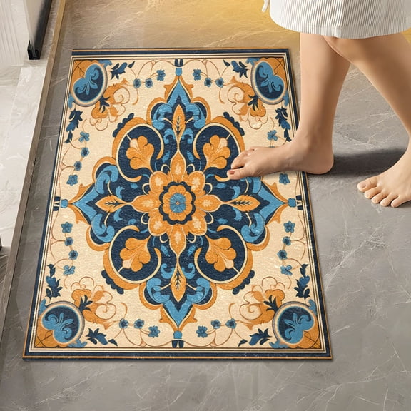Toilet Rug Rectangle Bathroom Rugs Non-Slip Soft Plush Machine Washable Contour Bath Mat Blue Yellow Mandala 24x16
