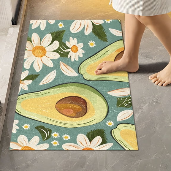 Toilet Rug Rectangle Bathroom Rugs Non-Slip Soft Plush Machine Washable Contour Bath Mat Cartoon Avocado and Daisy 24x16