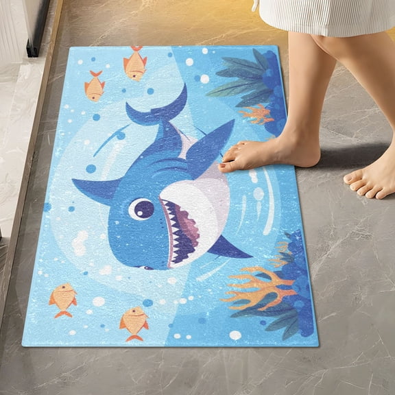 Toilet Rug Rectangle Bathroom Rugs Non-Slip Soft Plush Machine Washable Contour Bath Mat Cartoon Cute Shark with Fish 24x16