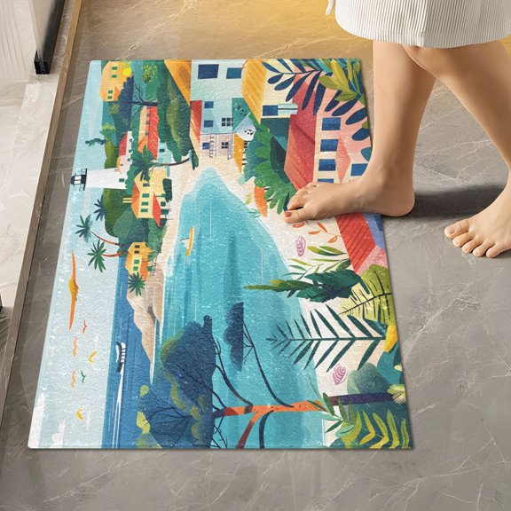 Toilet Rug Rectangle Bathroom Rugs Non-Slip Soft Plush Machine Washable Contour Bath Mat Cartoon Seaside Scenery 24x16