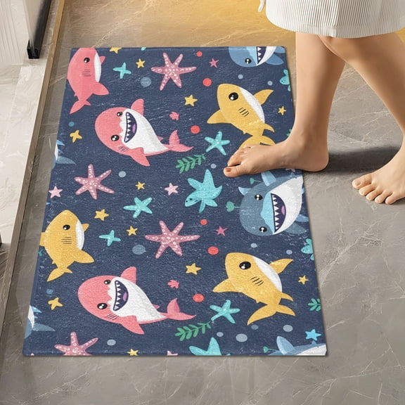 Toilet Rug Rectangle Bathroom Rugs Non-Slip Soft Plush Machine Washable Contour Bath Mat Cartoon Shark Seaweed Starfish 24x16