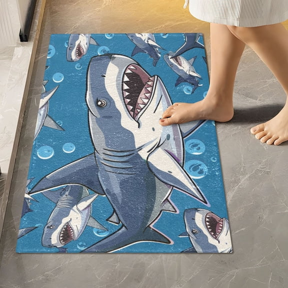 Toilet Rug Rectangle Bathroom Rugs Non-Slip Soft Plush Machine Washable Contour Bath Mat Cartoon Sharks in Sea 24x16