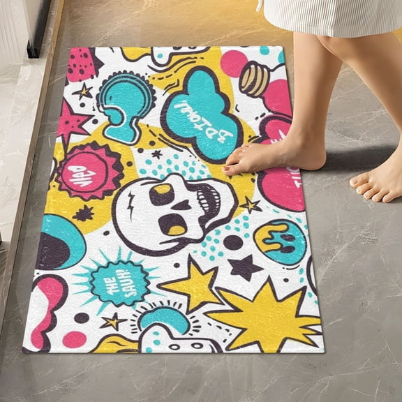 Toilet Rug Rectangle Bathroom Rugs Non-Slip Soft Plush Machine Washable Contour Bath Mat Cartoon Skull with Speech Bubbles 24x16