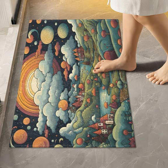Toilet Rug Rectangle Bathroom Rugs Non-Slip Soft Plush Machine Washable Contour Bath Mat Cartoon Town Landscape 24x16