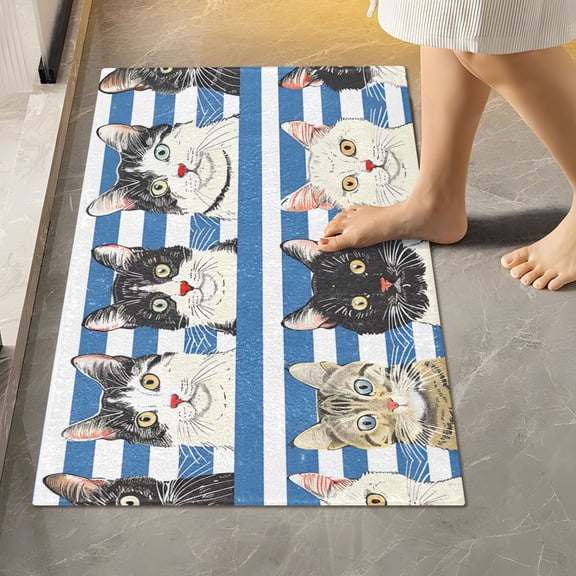 Toilet Rug Rectangle Bathroom Rugs Non-Slip Soft Plush Machine Washable Contour Bath Mat Cats with Blue White Striped 24x16