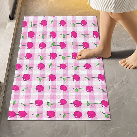 Toilet Rug Rectangle Bathroom Rugs Non-Slip Soft Plush Machine Washable Contour Bath Mat Cherry on Gingham 24x16