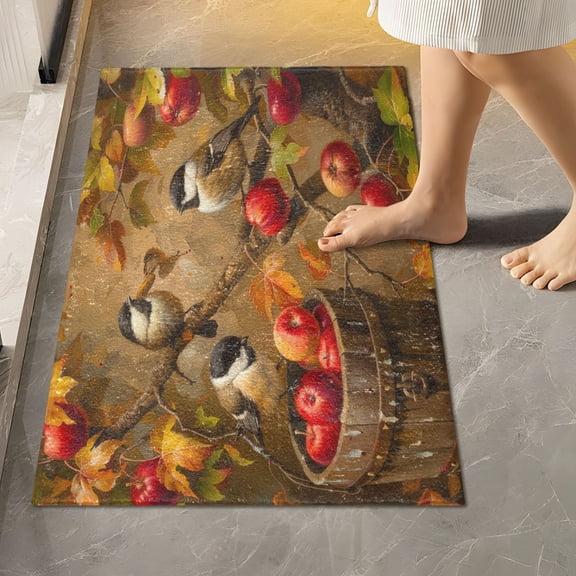 Toilet Rug Rectangle Bathroom Rugs Non-Slip Soft Plush Machine Washable Contour Bath Mat Chickadees Birds on Apple Tree 24x16