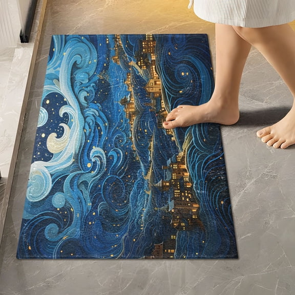 Toilet Rug Rectangle Bathroom Rugs Non-Slip Soft Plush Machine Washable Contour Bath Mat City on Wave 24x16