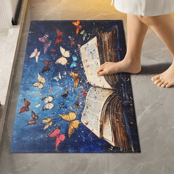 Toilet Rug Rectangle Bathroom Rugs Non-Slip Soft Plush Machine Washable Contour Bath Mat Colorful Butterflies Fly on Book 24x16