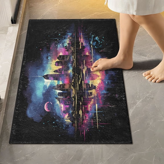 Toilet Rug Rectangle Bathroom Rugs Non-Slip Soft Plush Machine Washable Contour Bath Mat Colorful City Building and Moon 24x16