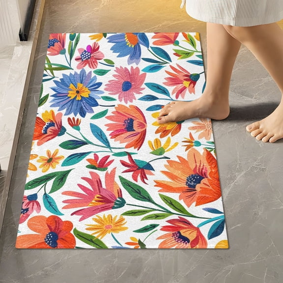 Toilet Rug Rectangle Bathroom Rugs Non-Slip Soft Plush Machine Washable Contour Bath Mat Colorful Flowers with Green Leaf 24x16