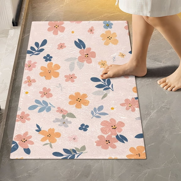 Toilet Rug Rectangle Bathroom Rugs Non-Slip Soft Plush Machine Washable Contour Bath Mat Colorful Flowers with Leaf 24x16