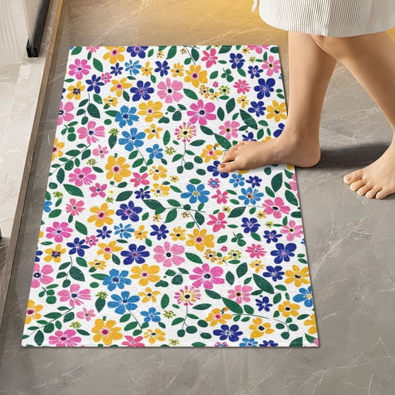Toilet Rug Rectangle Bathroom Rugs Non-Slip Soft Plush Machine Washable Contour Bath Mat Colorful Tiny Flowers and Leaves 24x16