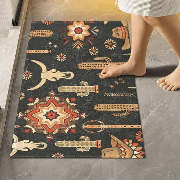 Toilet Rug Rectangle Bathroom Rugs Non-Slip Soft Plush Machine Washable Contour Bath Mat Cowboy Hat Cactus Cow Skull 24x16