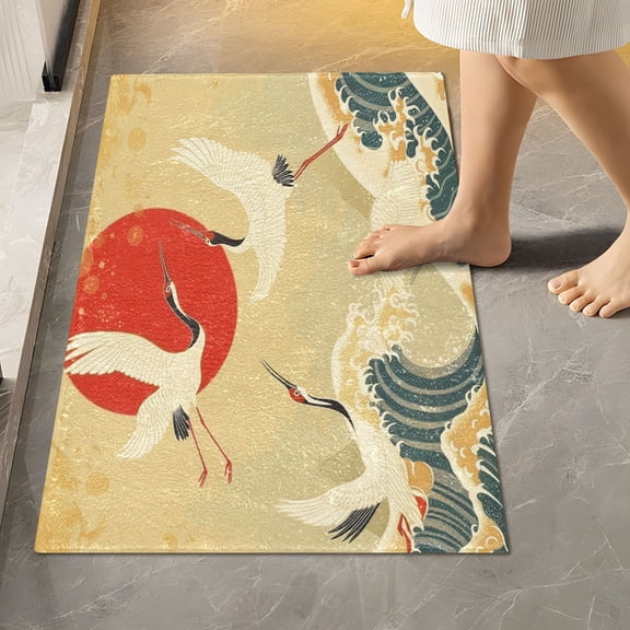 Toilet Rug Rectangle Bathroom Rugs Non-Slip Soft Plush Machine Washable Contour Bath Mat Cranes Birds with Waves and Sun 24x16