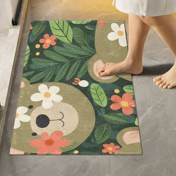 Toilet Rug Rectangle Bathroom Rugs Non-Slip Soft Plush Machine Washable Contour Bath Mat Cute Bear Face and Leaf 24x16