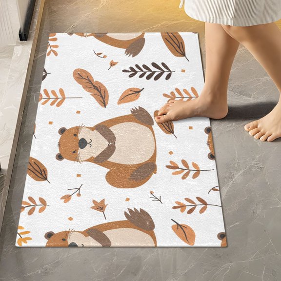 Toilet Rug Rectangle Bathroom Rugs Non-Slip Soft Plush Machine Washable Contour Bath Mat Cute Beaver and Leaf 24x16