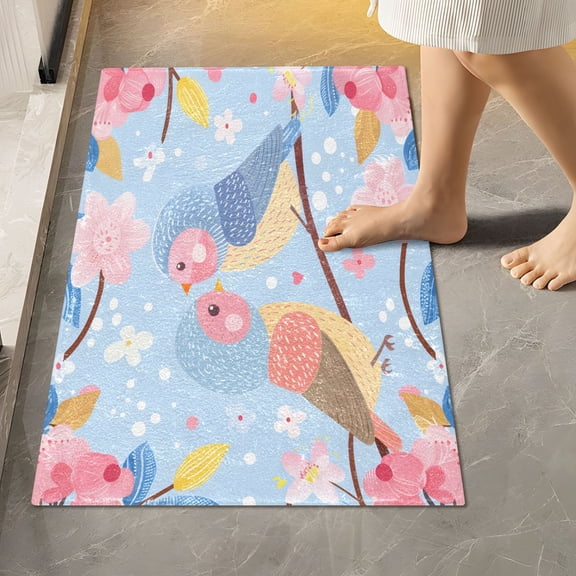 Toilet Rug Rectangle Bathroom Rugs Non-Slip Soft Plush Machine Washable Contour Bath Mat Cute Birds Sitting Branch 24x16
