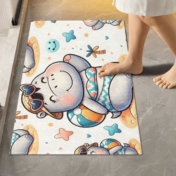 Toilet Rug Rectangle Bathroom Rugs Non-Slip Soft Plush Machine Washable Contour Bath Mat Cute Hippo Girl on Beach 24x16