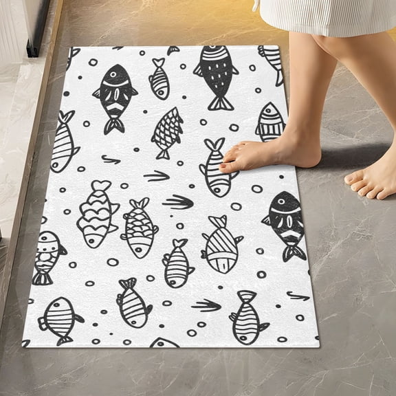 Toilet Rug Rectangle Bathroom Rugs Non-Slip Soft Plush Machine Washable Contour Bath Mat Cute Line Fishes 24x16