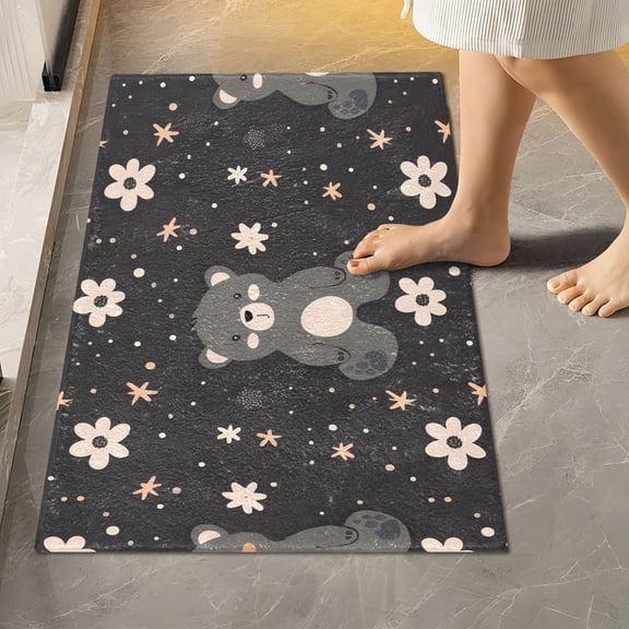 Toilet Rug Rectangle Bathroom Rugs Non-Slip Soft Plush Machine Washable Contour Bath Mat Cute Little Bear and Flower 24x16