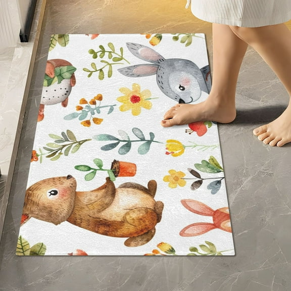 Toilet Rug Rectangle Bathroom Rugs Non-Slip Soft Plush Machine Washable Contour Bath Mat Cute Rabbits and Flowers 24x16